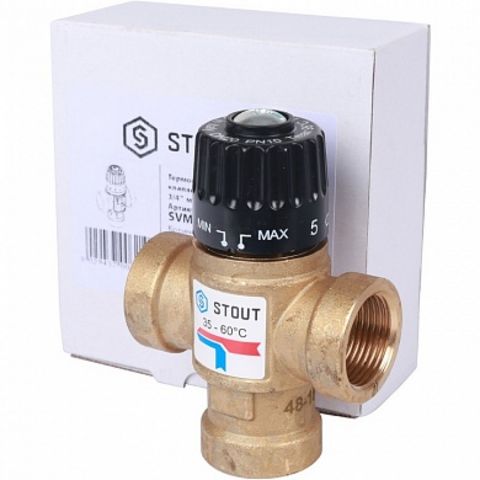 Термостатический смесительный клапан для систем отопления и ГВС STOUT 3/4" ВР 35-60°С KV 1,6 SVM-011